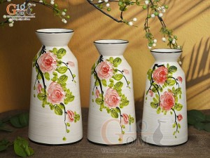 Bộ 3 lọ hoa men kem dáng cổ thắt vẽ hoa Hồng, cao 28cm