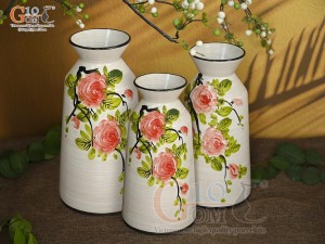 Bộ 3 lọ hoa men kem dáng cổ thắt vẽ hoa Hồng, cao 28cm