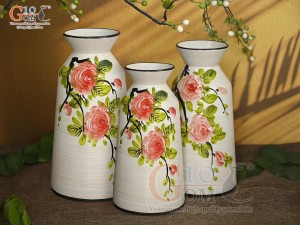 Bộ 3 lọ hoa men kem dáng cổ thắt vẽ hoa Hồng, cao 28cm
