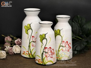 Bộ 3 lọ hoa men kem dáng cổ thắt vẽ hoa Sen đỏ, cao 28cm