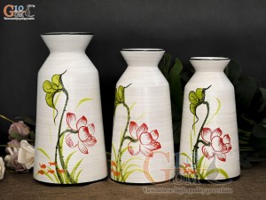 Bộ 3 lọ hoa men kem dáng cổ thắt vẽ hoa Sen đỏ, cao 28cm