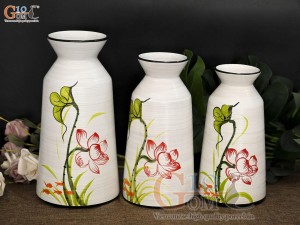 Bộ 3 lọ hoa men kem dáng cổ thắt vẽ hoa Sen đỏ, cao 28cm