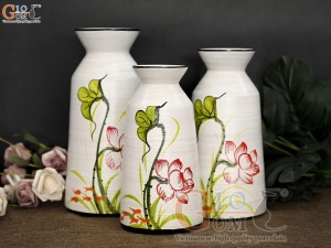 Bộ 3 lọ hoa men kem dáng cổ thắt vẽ hoa Sen đỏ, cao 28cm