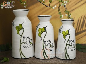 Bộ 3 lọ hoa men kem dáng cổ thắt vẽ hoa Sen xanh, cao 28cm