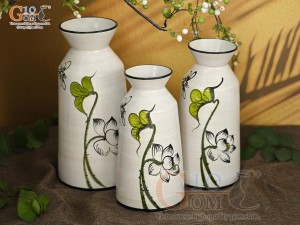 Bộ 3 lọ hoa men kem dáng cổ thắt vẽ hoa Sen xanh, cao 28cm
