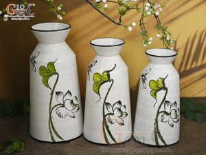 Bộ 3 lọ hoa men kem dáng cổ thắt vẽ hoa Sen xanh, cao 28cm