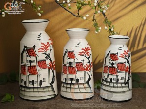 Bộ 3 lọ hoa men kem dáng cổ thắt vẽ Phố Cổ, cao 28cm