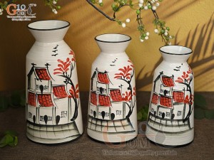 Bộ 3 lọ hoa men kem dáng cổ thắt vẽ Phố Cổ, cao 28cm