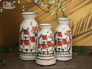 Bộ 3 lọ hoa men kem dáng cổ thắt vẽ Phố Cổ, cao 28cm