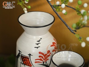 Bộ 3 lọ hoa men kem dáng cổ thắt vẽ Phố Cổ, cao 28cm