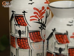 Bộ 3 lọ hoa men kem dáng cổ thắt vẽ Phố Cổ, cao 28cm