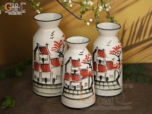 Bộ 3 lọ hoa men kem dáng cổ thắt vẽ Phố Cổ, cao 28cm