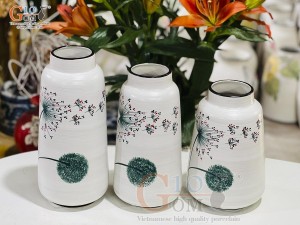Bộ 3 lọ hoa men kem dáng vát vẽ bông Bồ Công Anh, cao 30cm