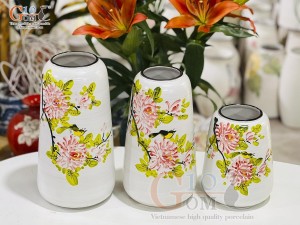 Bộ 3 lọ hoa men kem dáng khum vẽ Chim Hoa, cao 29cm