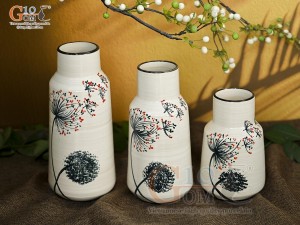 Bộ 3 lọ hoa men kem dáng miệng thon vẽ hoa Bồ Công Anh, cao 23cm