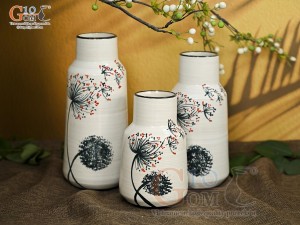 Bộ 3 lọ hoa men kem dáng miệng thon vẽ hoa Bồ Công Anh, cao 23cm