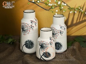 Bộ 3 lọ hoa men kem dáng miệng thon vẽ hoa Bồ Công Anh, cao 23cm