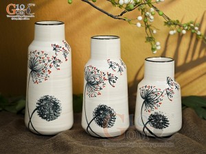 Bộ 3 lọ hoa men kem dáng miệng thon vẽ hoa Bồ Công Anh, cao 23cm