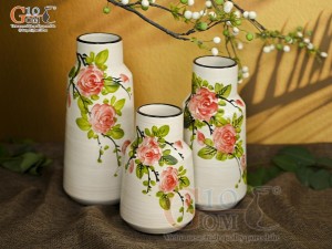 Bộ 3 lọ hoa men kem dáng miệng thon vẽ hoa Hồng, cao 23cm