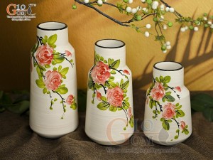 Bộ 3 lọ hoa men kem dáng miệng thon vẽ hoa Hồng, cao 23cm
