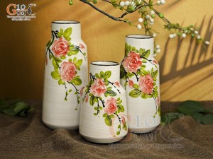 Bộ 3 lọ hoa men kem dáng miệng thon vẽ hoa Hồng, cao 23cm