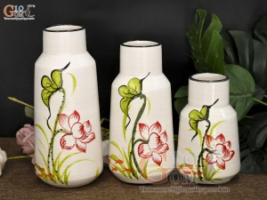 Bộ 3 lọ hoa men kem dáng miệng thon vẽ hoa Sen đỏ, cao 23cm