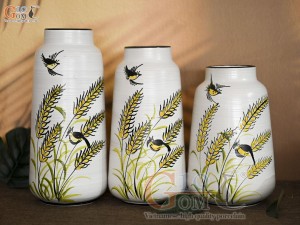 Bộ 3 lọ hoa men kem dáng vát vẽ bông Lúa, cao 30cm