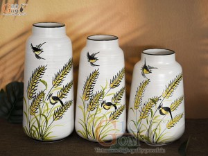 Bộ 3 lọ hoa men kem dáng vát vẽ bông Lúa, cao 30cm