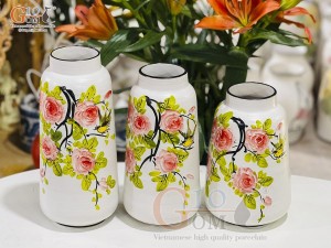 Bộ 3 lọ hoa men kem dáng vát vẽ hoa Hồng, cao 30cm