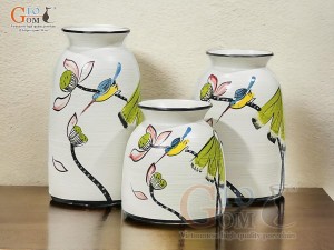 Bộ 3 lọ hoa men kem miệng loe vẽ chim bói cá, cao 24cm