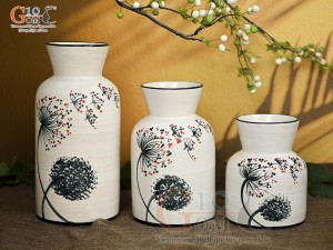 Bộ 3 lọ hoa men kem miệng loe vẽ hoa Bồ Công Anh, cao 23cm