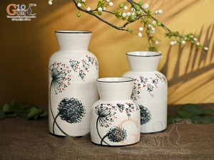 Bộ 3 lọ hoa men kem miệng loe vẽ hoa Bồ Công Anh, cao 23cm
