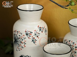 Bộ 3 lọ hoa men kem miệng loe vẽ hoa Bồ Công Anh, cao 23cm