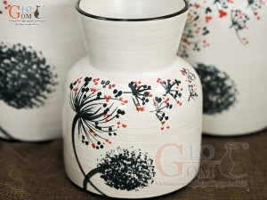 Bộ 3 lọ hoa men kem miệng loe vẽ hoa Bồ Công Anh, cao 23cm