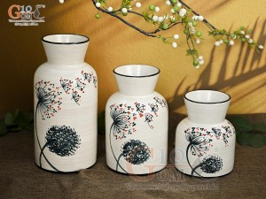 Bộ 3 lọ hoa men kem miệng loe vẽ hoa Bồ Công Anh, cao 23cm