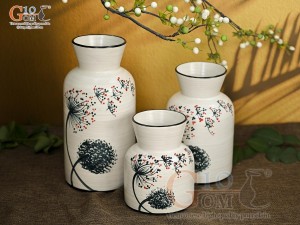 Bộ 3 lọ hoa men kem miệng loe vẽ hoa Bồ Công Anh, cao 23cm