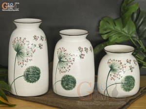 Bộ 3 lọ hoa men kem miệng loe vẽ hoa bồ công anh, cao 24cm