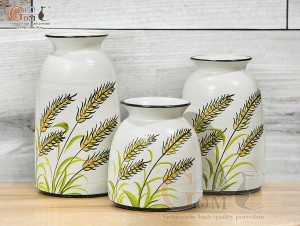 Bộ 3 lọ hoa men kem miệng loe vẽ hoa cỏ lau, cao 24cm