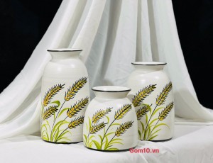 Bộ 3 lọ hoa men kem miệng loe vẽ hoa cỏ lau, cao 24cm
