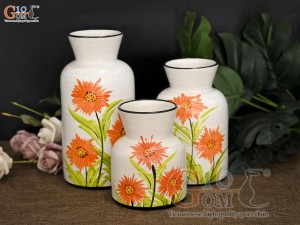 Bộ 3 lọ hoa men kem miệng loe vẽ hoa đồng tiền vàng, cao 23cm