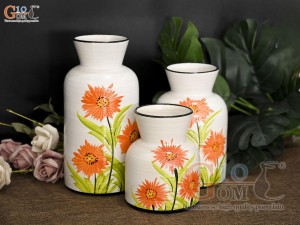 Bộ 3 lọ hoa men kem miệng loe vẽ hoa đồng tiền vàng, cao 23cm