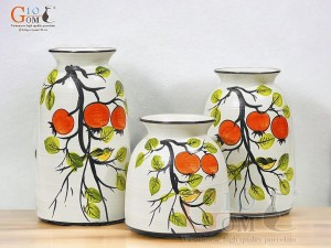 Bộ 3 lọ hoa men kem miệng loe vẽ hoa lựu, cao 24cm