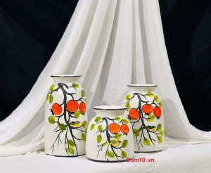 Bộ 3 lọ hoa men kem miệng loe vẽ hoa lựu, cao 24cm
