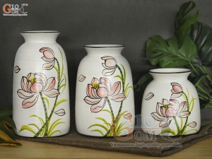 Bộ 3 lọ hoa men kem miệng loe vẽ hoa sen, cao 24cm