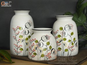 Bộ 3 lọ hoa men kem miệng loe vẽ hoa tim, cao 24cm