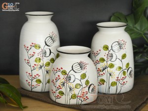 Bộ 3 lọ hoa men kem miệng loe vẽ hoa tim, cao 24cm