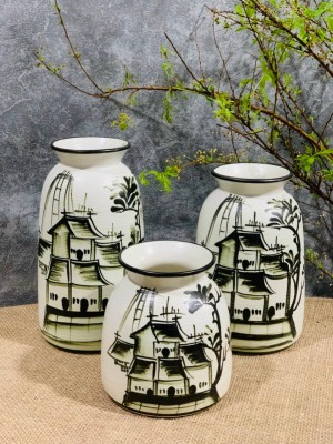 Bộ 3 lọ hoa men kem vẽ cảnh Phố cổ