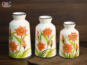 Bộ 3 lọ hoa men kem vẽ hoa đồng tiền, chiều cao lần lượt 20-22-24cm