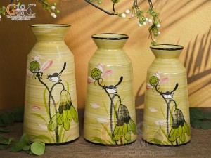 Bộ 3 lọ hoa men màu dáng cổ thắt vẽ hoa Sen hồng, cao 28cm