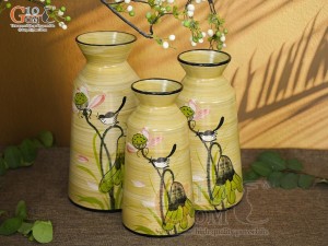 Bộ 3 lọ hoa men màu dáng cổ thắt vẽ hoa Sen hồng, cao 28cm